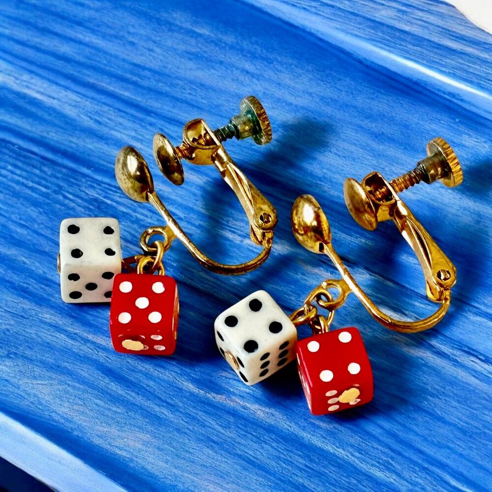 Dice Earrings Dangling Red & White Dice Screwback Goldtone Vintage